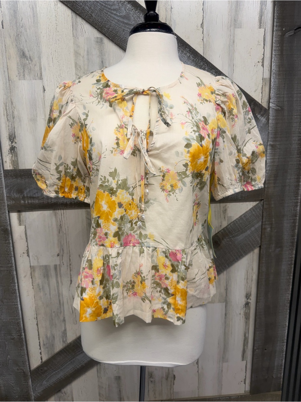 Floral Peplum Tie-Neck Blouse - Cream & Yellow CeCe brand